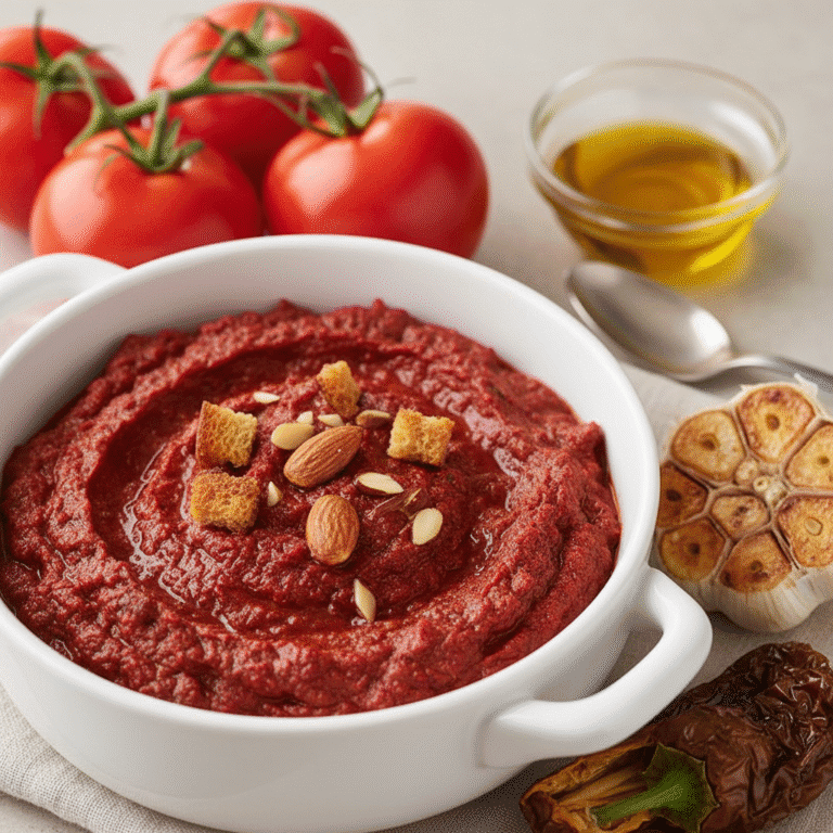 Cuenco de cerámica con salsa romesco, rodeado de tomates, ajos y frutos secos, preparado con Mambo.