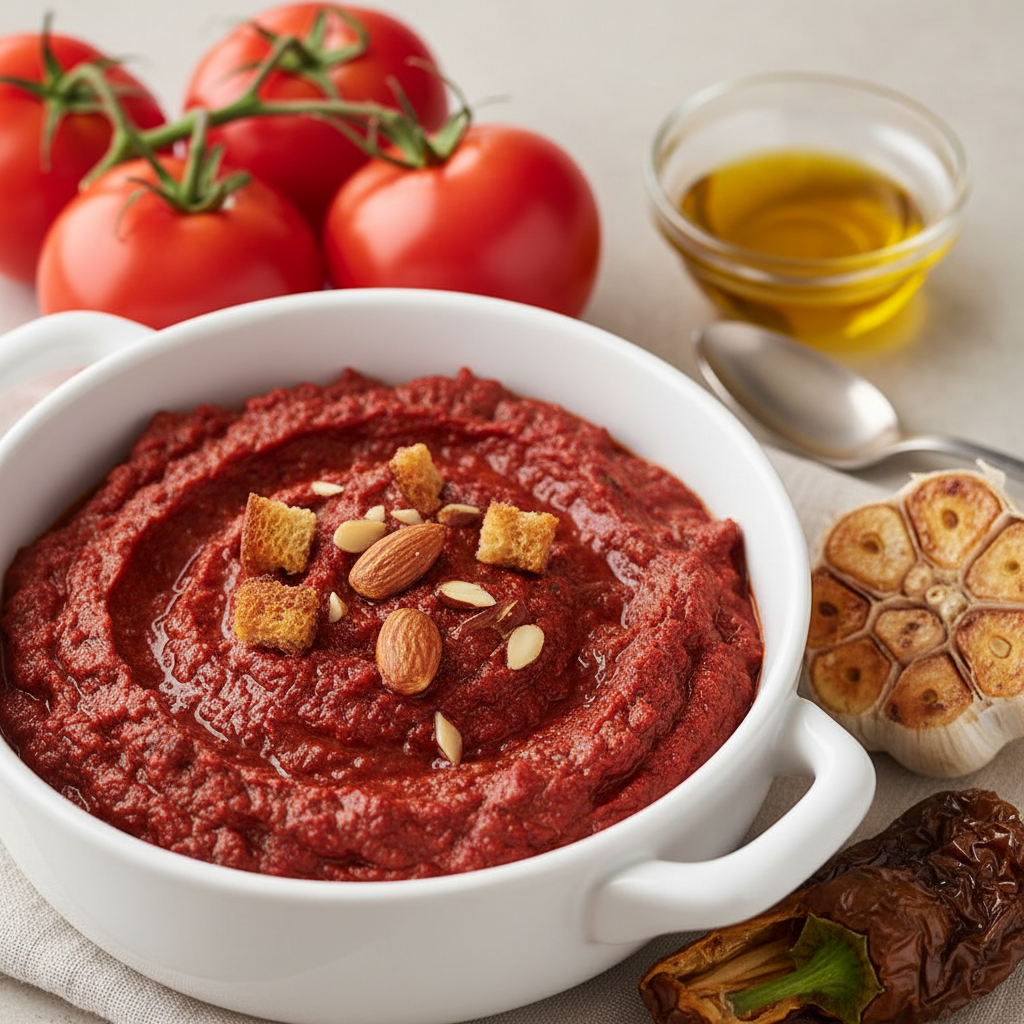Cuenco de cerámica con salsa romesco, rodeado de tomates, ajos y frutos secos, preparado con Mambo.