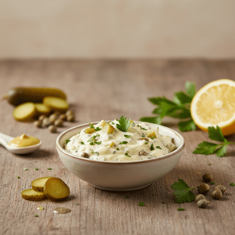 Imagen de salsa tártara cremosa en un cuenco, con perejil fresco por encima, preparada con Mambo.