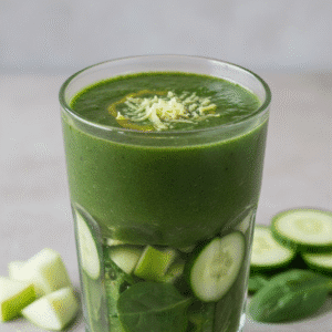 Smoothie verde brillante servido en un vaso transparente, preparado con Mambo de Cecotec, con una rodaja de lima y menta fresca.