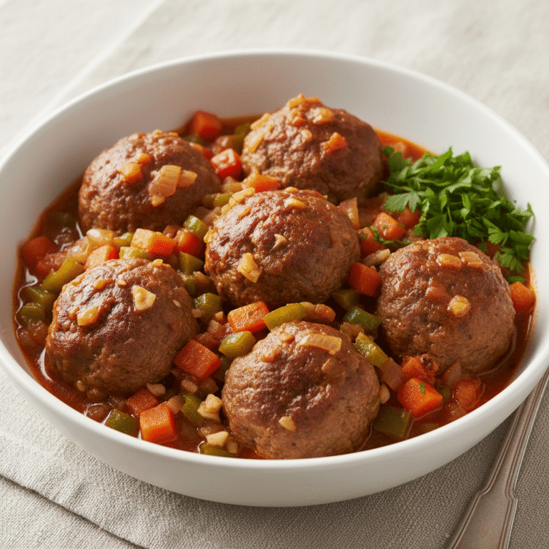 A bowl of albóndigas a la jardinera, with vibrant sauce and fresh parsley, prepared using the Mambo by Cecotec.