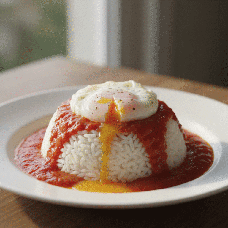 Plato de Arroz a la Cubana con huevo poché y salsa de tomate, preparado con el robot Mambo.