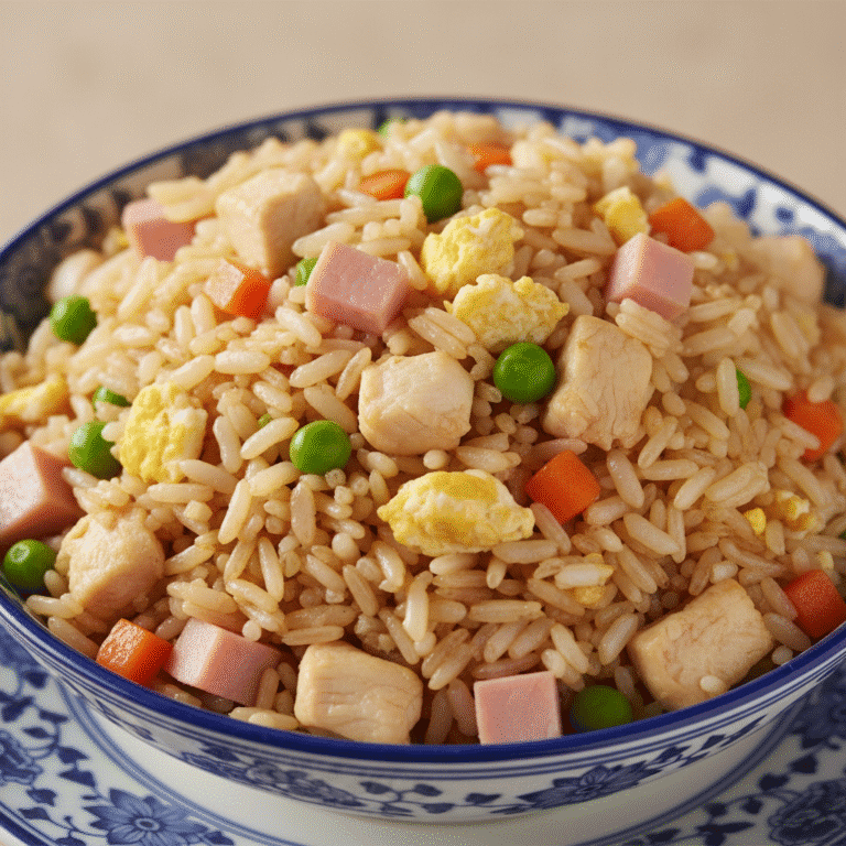Arroz Tres Delicias cocinado en el robot Mambo de Cecotec, mostrando pollo, jamón y verduras.