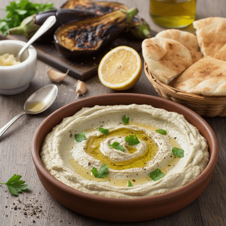 Baba Ganoush preparado en Mambo de Cecotec, servido con perejil y pan de pita.