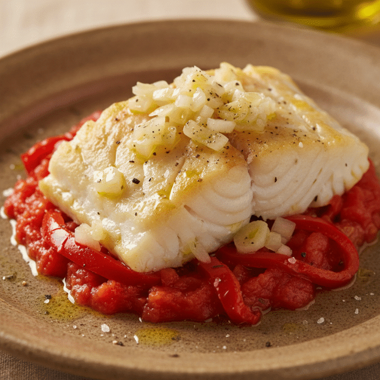 Bacalao con tomate y pimientos asados preparado en un robot de cocina Mambo de Cecotec, servido en un plato elegante.