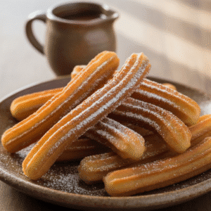 Churros caseros dorados y crujientes, espolvoreados con azúcar, preparados con el robot Mambo de Cecotec.