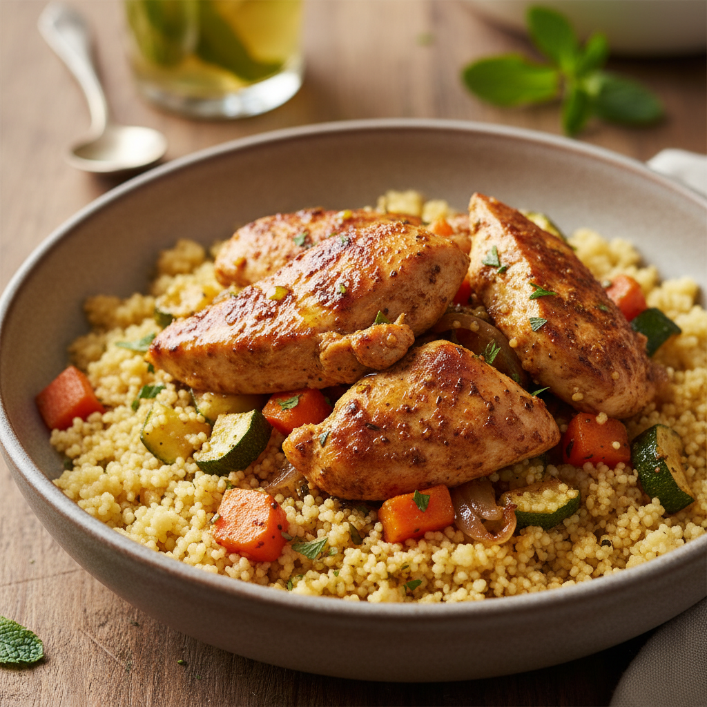 Cuscús con pollo Ras el Hanout, verduras y especias, cocinado con Mambo de Cecotec.