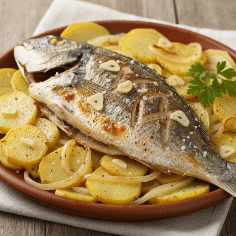 Dorada a la espalda sobre patatas panadera, cocinada en Mambo de Cecotec, decorada con perejil.