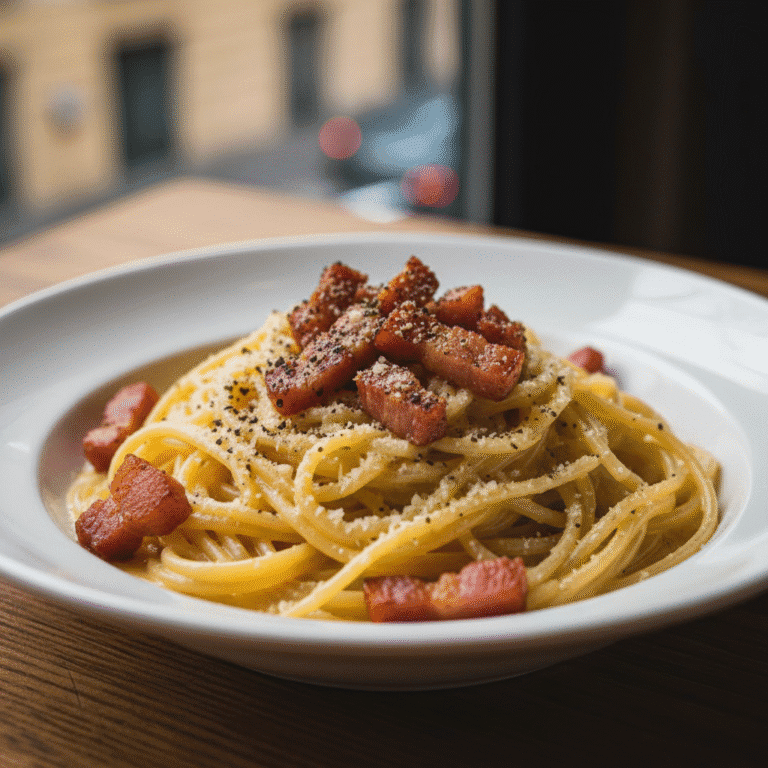 Espaguetis a la carbonara con guanciale crujiente y queso Pecorino, hechos con Mambo de Cecotec.