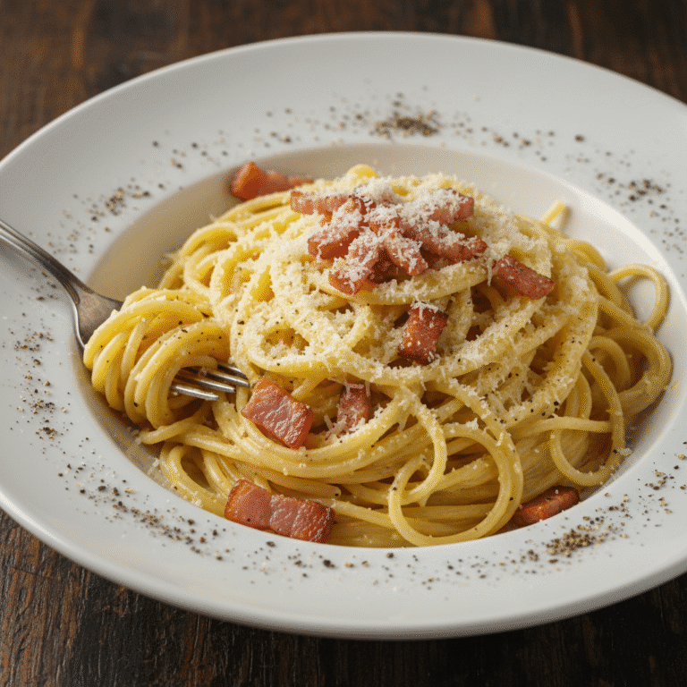 Plato de espaguetis a la carbonara con queso parmesano y panceta, preparado con Mambo.