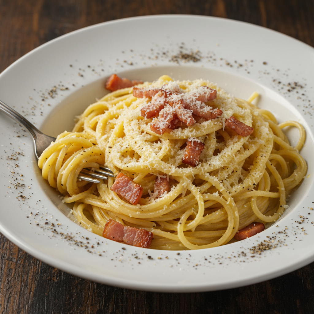 Plato de espaguetis a la carbonara con queso parmesano y panceta, preparado con Mambo.
