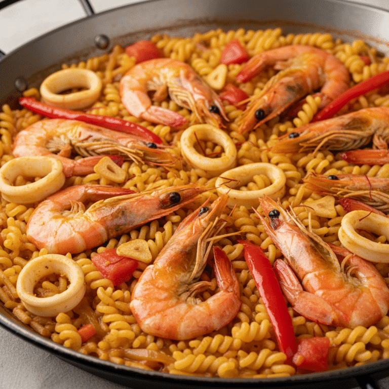 Una vista apetitosa de fideuà de marisco en un plato, preparada con el robot Mambo de Cecotec.