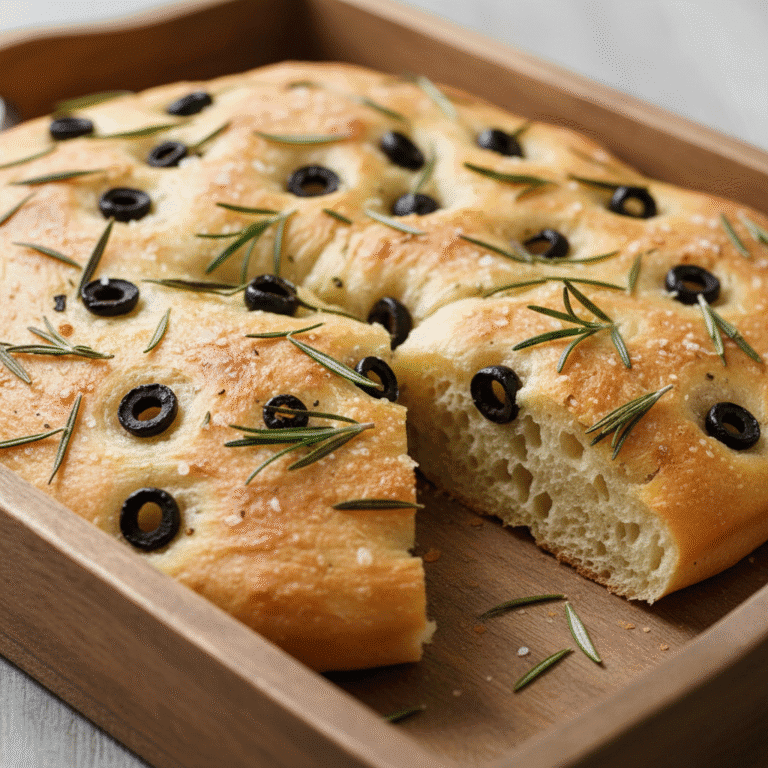Focaccia de romero y aceitunas negras recién horneada, con una corteza dorada y aromática, preparada con Mambo de Cecotec.