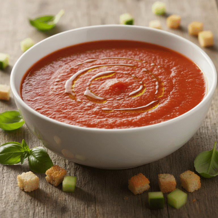 Plato de gazpacho andaluz servido en una mesa de madera, preparado con Mambo de Cecotec.