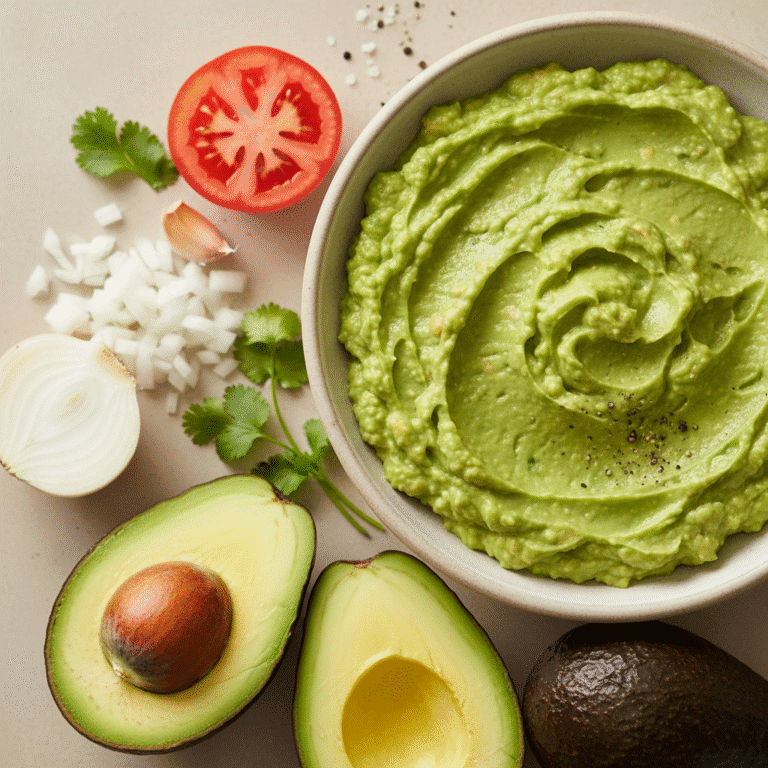Guacamole casero en un cuenco, con trozos de aguacate, cilantro y limón, preparado con Mambo.