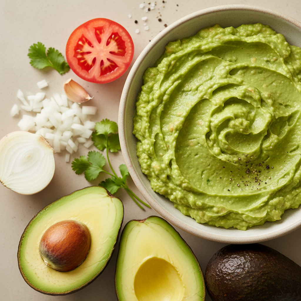 Guacamole casero en un cuenco, con trozos de aguacate, cilantro y limón, preparado con Mambo.