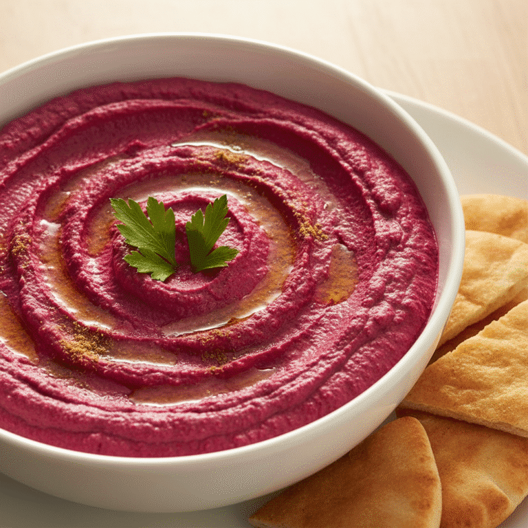 Plato de hummus de remolacha y comino, preparado con Mambo, decorado con perejil fresco sobre madera.