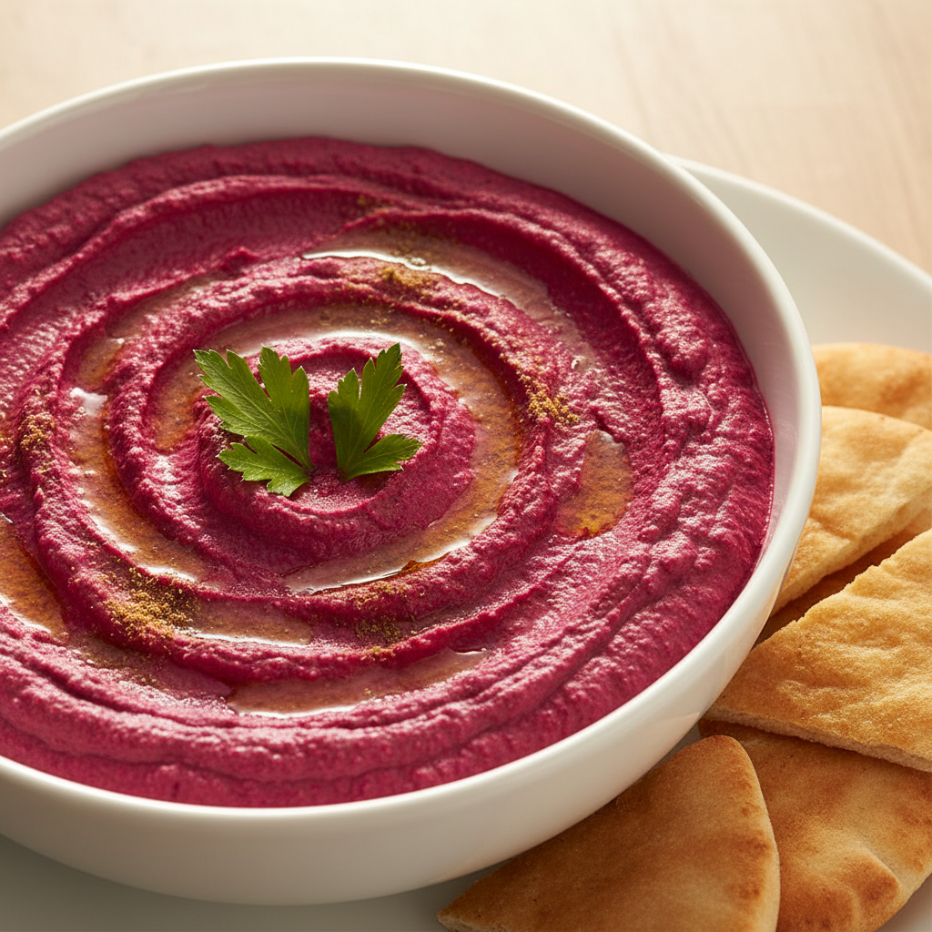 Plato de hummus de remolacha y comino, preparado con Mambo, decorado con perejil fresco sobre madera.