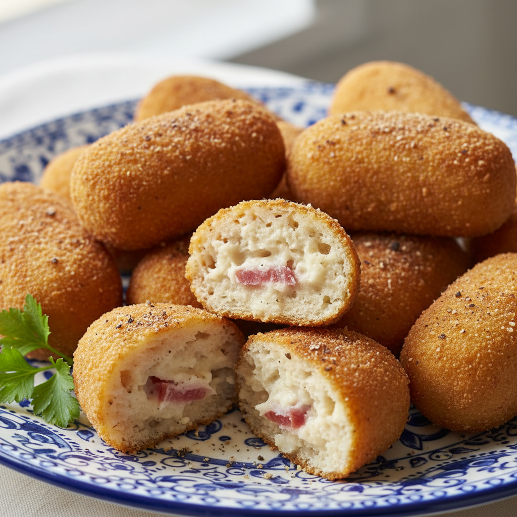 Masa de croquetas de jamón en una bandeja, preparada con el robot de cocina Mambo de Cecotec.