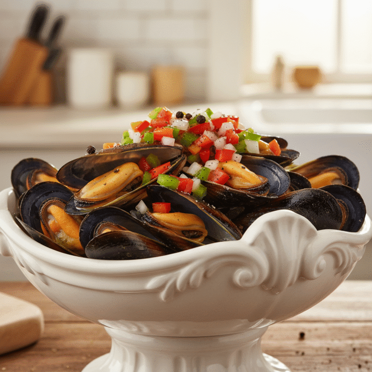 Mejillones al vapor con vinagreta colorida, preparados en Mambo de Cecotec.