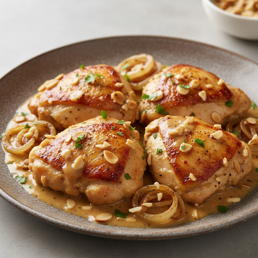 Plato de muslos de pollo en salsa de almendras cocinados con Mambo, servido en plato blanco con hierbas frescas al lado.