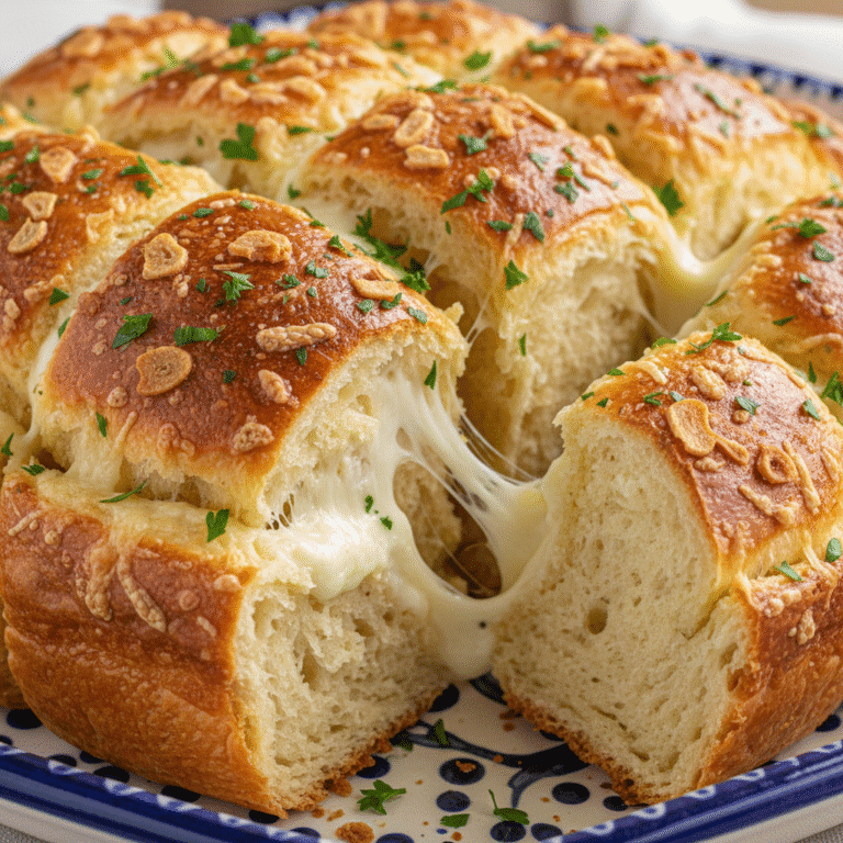 Imagen de pan de ajo y queso recién horneado, con capas visibles de queso mozzarella y ajo, preparado con Mambo.