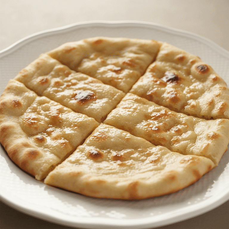 Pan naan indio dorado y esponjoso sobre una tabla de madera, cocinado con Mambo de Cecotec.