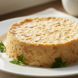 Pastel de cabracho dorado y esponjoso, preparado con Mambo, servido en plato blanco con decoración de perejil.