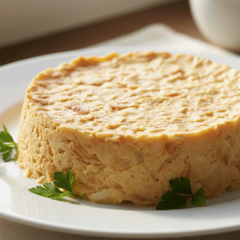 Pastel de cabracho dorado y esponjoso, preparado con Mambo, servido en plato blanco con decoración de perejil.