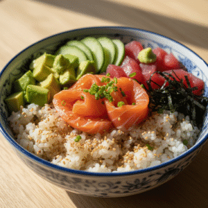 Poke Bowl con arroz para sushi y variados toppings frescos, preparado con Mambo de Cecotec.