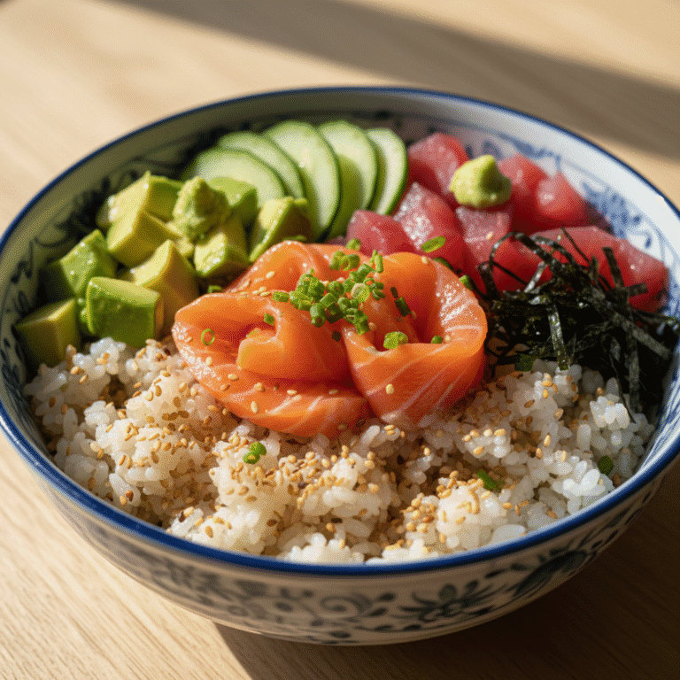 Poke Bowl con arroz para sushi y variados toppings frescos, preparado con Mambo de Cecotec.