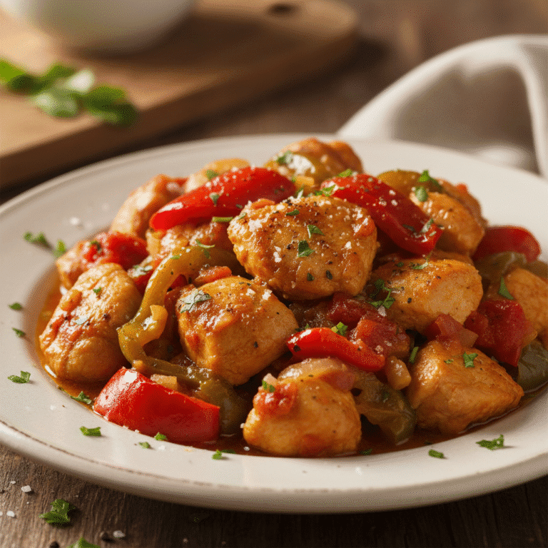 Plato de pollo al chilindrón con pimientos y salsa roja, cocinado con Mambo de Cecotec.