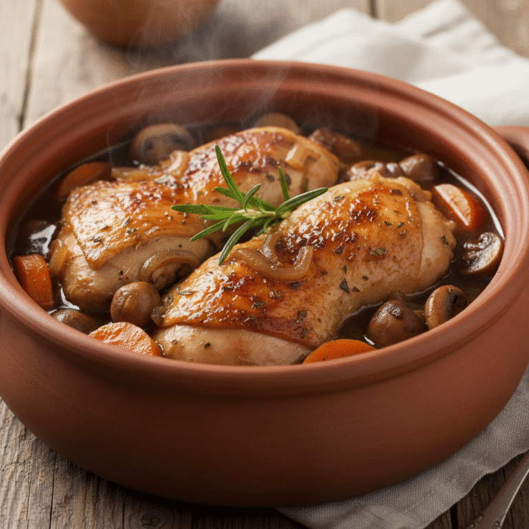 Plato de pollo guisado a la cerveza negra cocinado con Mambo de Cecotec, mostrando una apariencia dorada y apetitosa.