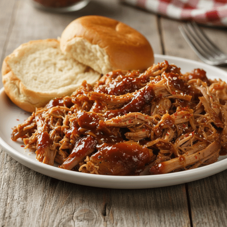 Tender pulled pork prepared in the Mambo by Cecotec, served on a rustic plate.