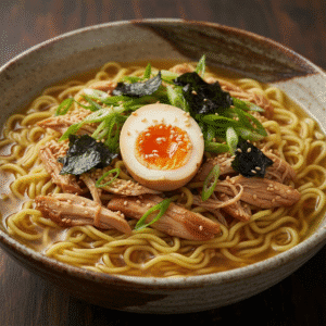 Cuenco de ramen de pollo con verduras, huevo y semillas, preparado con Mambo.