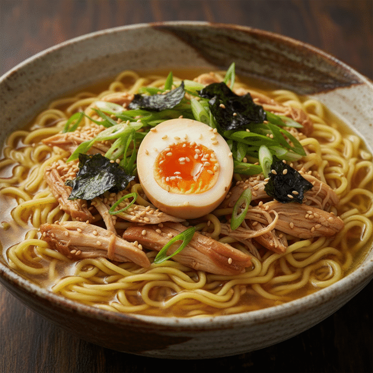 Cuenco de ramen de pollo con verduras, huevo y semillas, preparado con Mambo.