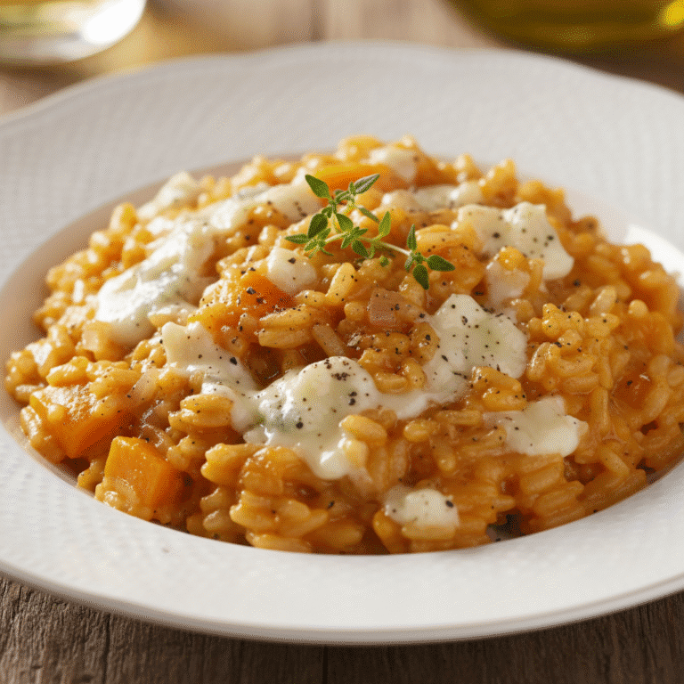 Plato de risotto de calabaza y gorgonzola, cremoso y bien presentado, elaborado con el Mambo de Cecotec.