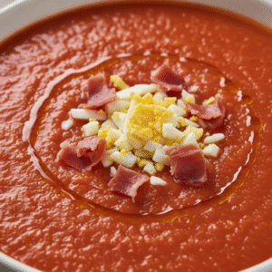 Salmorejo cordobés con textura sedosa y toppings de jamón y huevo, hecho en Mambo.