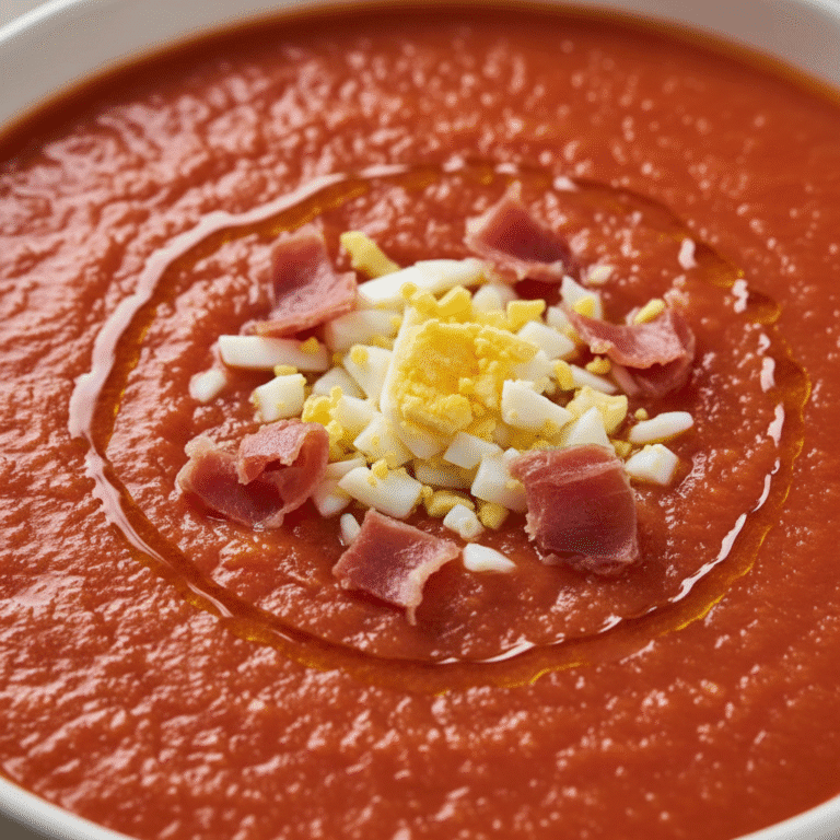 Salmorejo cordobés con textura sedosa y toppings de jamón y huevo, hecho en Mambo.