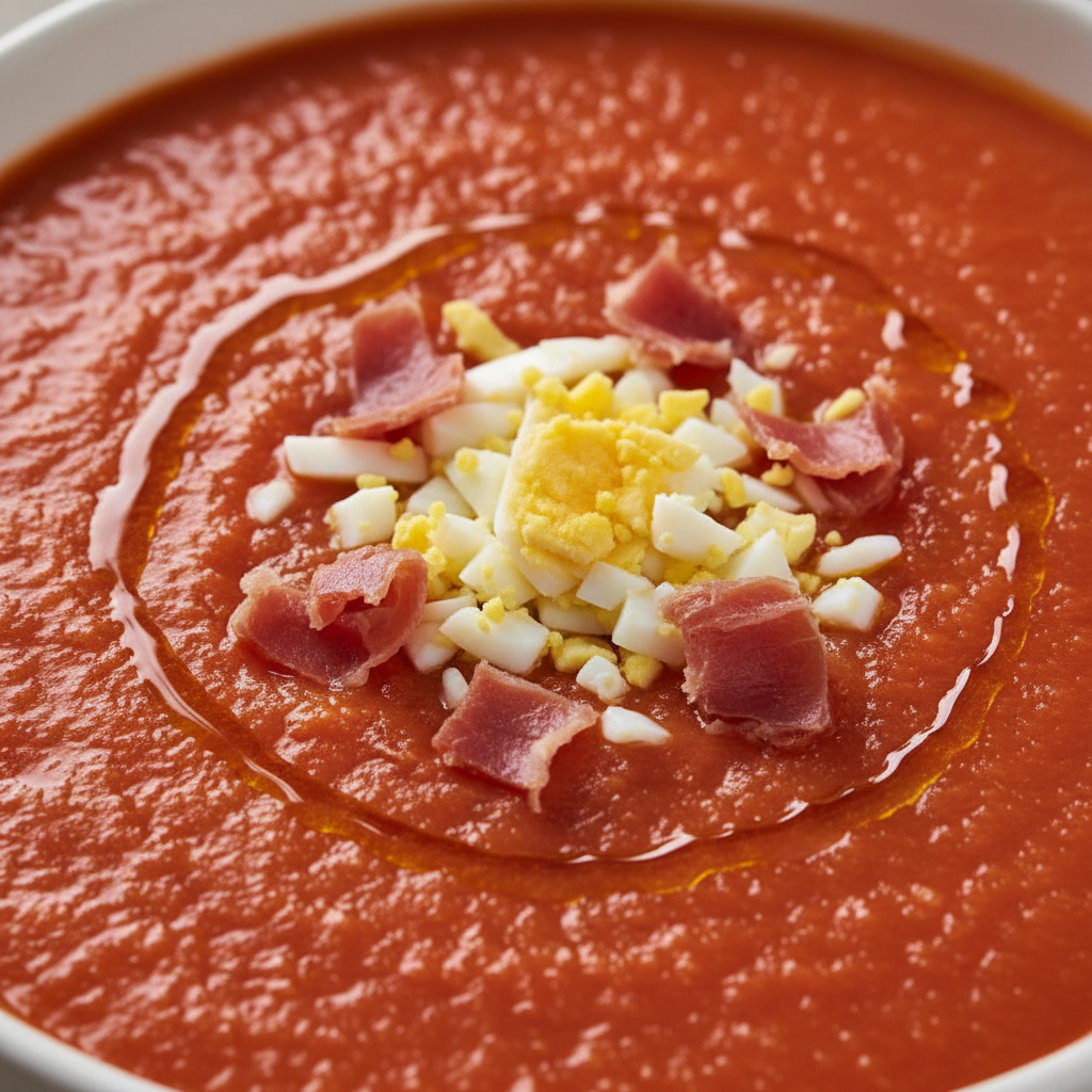 Salmorejo cordobés con textura sedosa y toppings de jamón y huevo, hecho en Mambo.