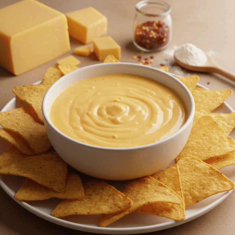 Salsa de queso Cheddar cremosa en un bol, rodeada de nachos, preparada con Mambo de Cecotec.