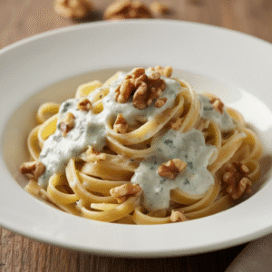 Plato de tallarines con salsa de queso azul y trozos de nueces, preparado con Mambo de Cecotec.