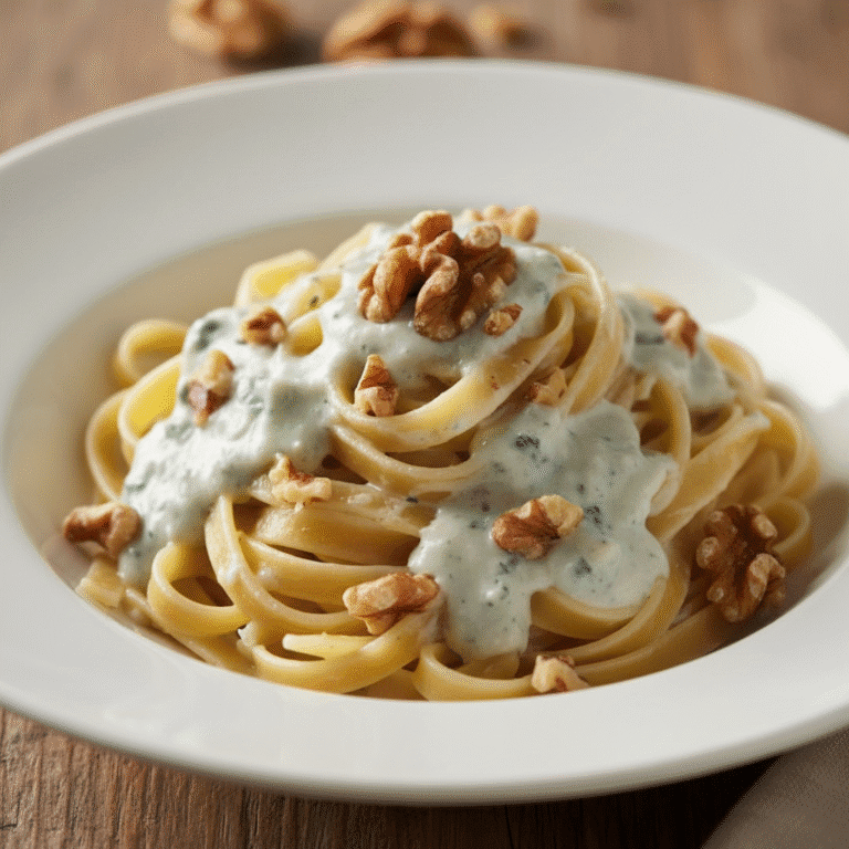Plato de tallarines con salsa de queso azul y trozos de nueces, preparado con Mambo de Cecotec.
