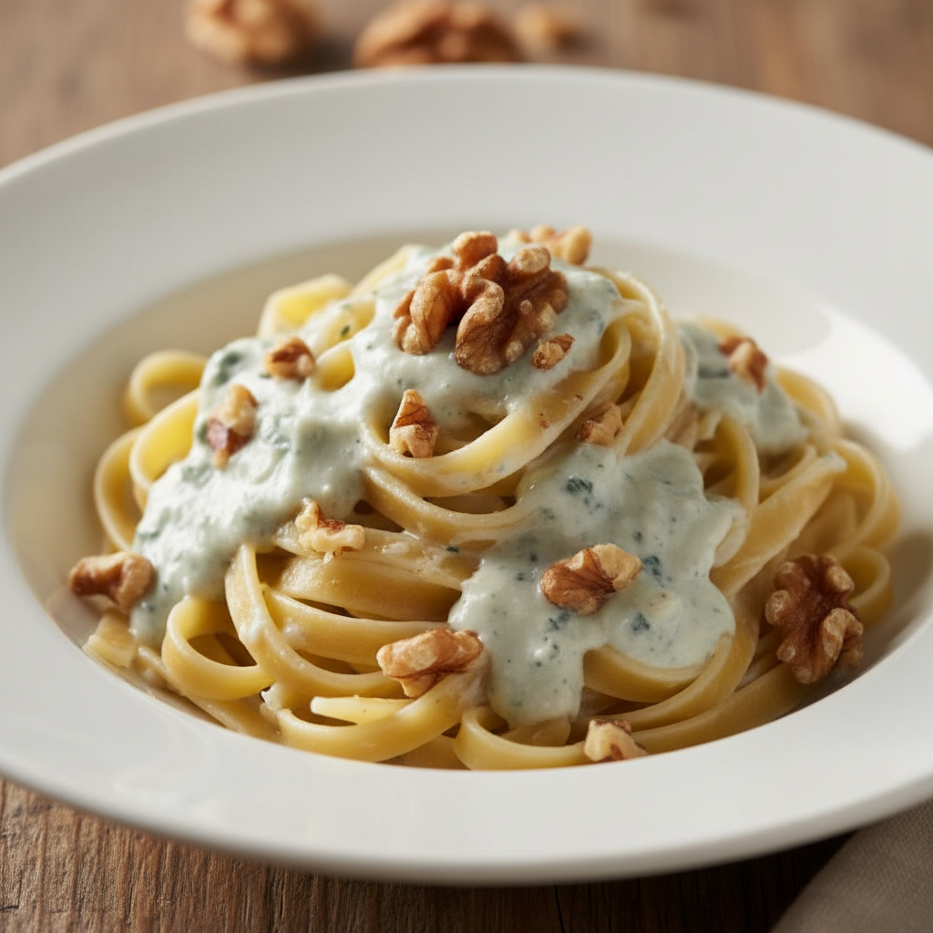 Plato de tallarines con salsa de queso azul y trozos de nueces, preparado con Mambo de Cecotec.