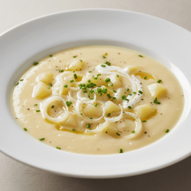 Cuenco de Vichyssoise cremosa y fría, decorada con cebollino, preparada con Mambo de Cecotec