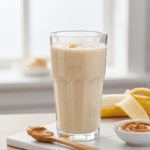 Un batido cremoso de plátano y crema de cacahuete, preparado con Mambo, servido en un vaso alto.