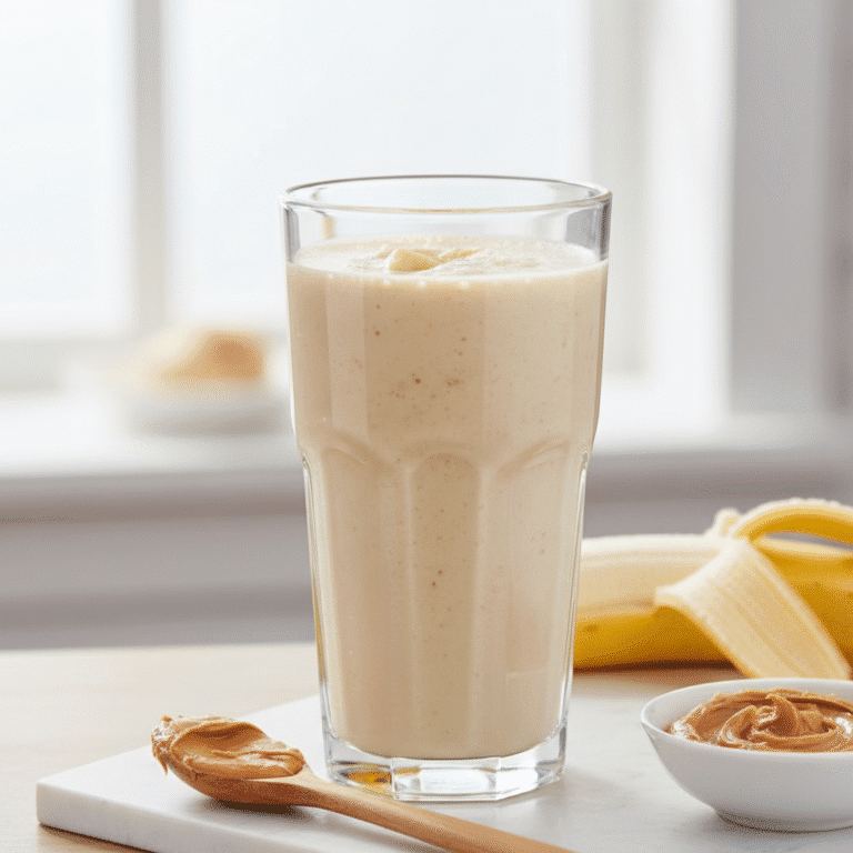 Un batido cremoso de plátano y crema de cacahuete, preparado con Mambo, servido en un vaso alto.
