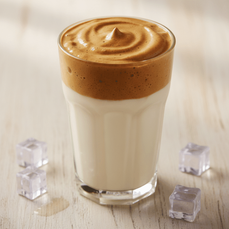 Vaso de café Dalgona espumoso preparado con Mambo, servido con hielo y leche.