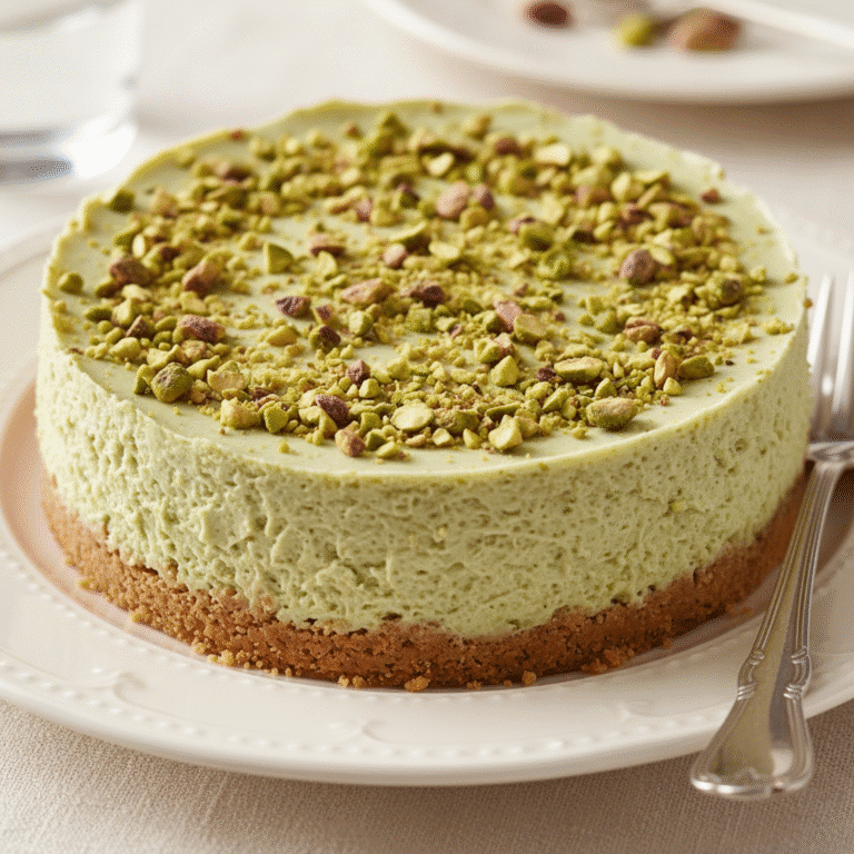 Cheesecake de pistacho ultra cremosa, preparada con Mambo de Cecotec, adornada con pistachos triturados.