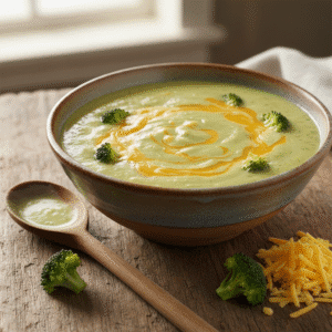 Crema de brócoli y queso cheddar en bowl blanco, con crutones y extra de queso, luz natural destacando su color verde.